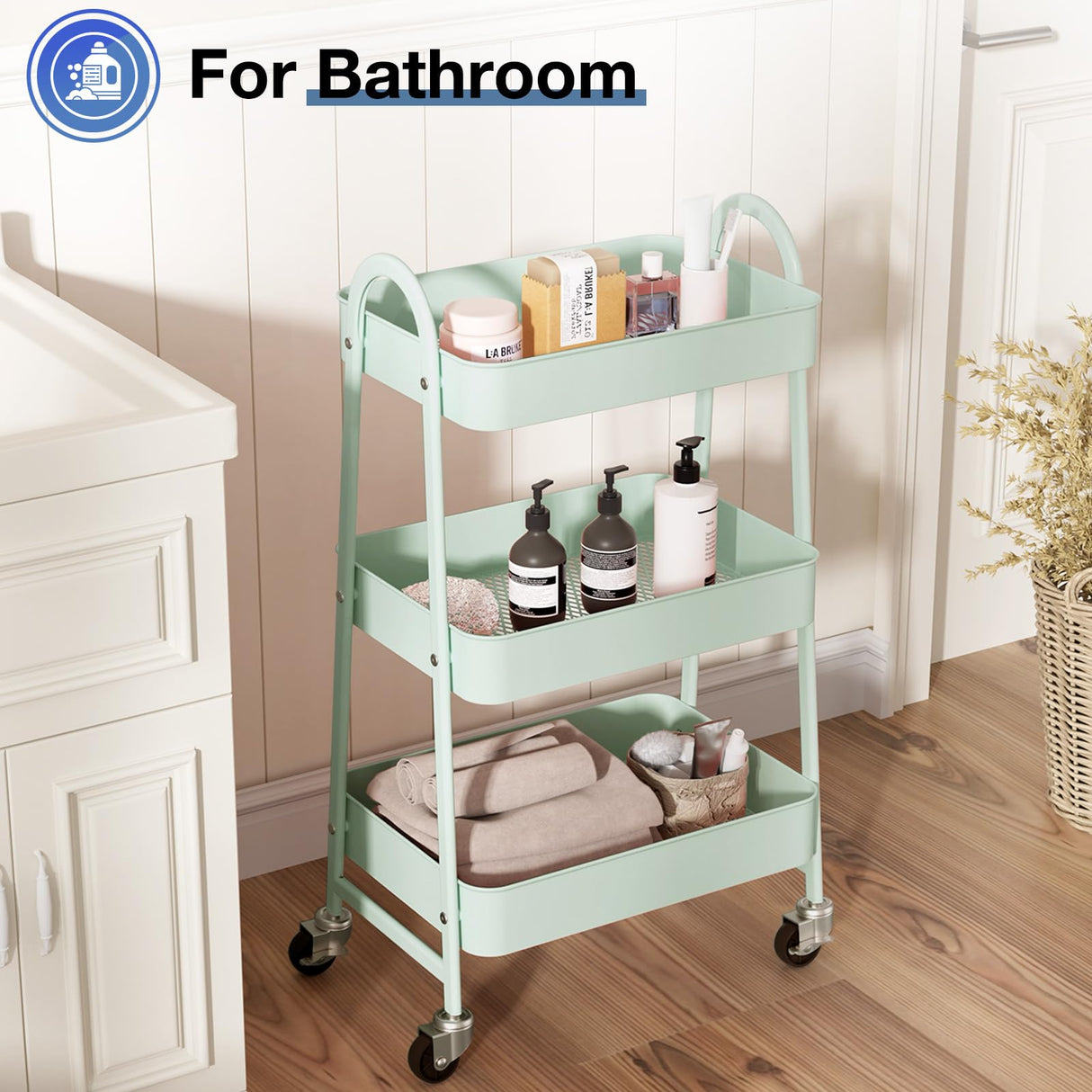 DUMOS 3 Tier Metal Rolling Storage Cart with Lockable Wheels, Mobile Shelving Unit Utility Rolling Organizer for Office, Bathroom, Kitchen, Laundry Room & Narrow Places, Green DUMOS