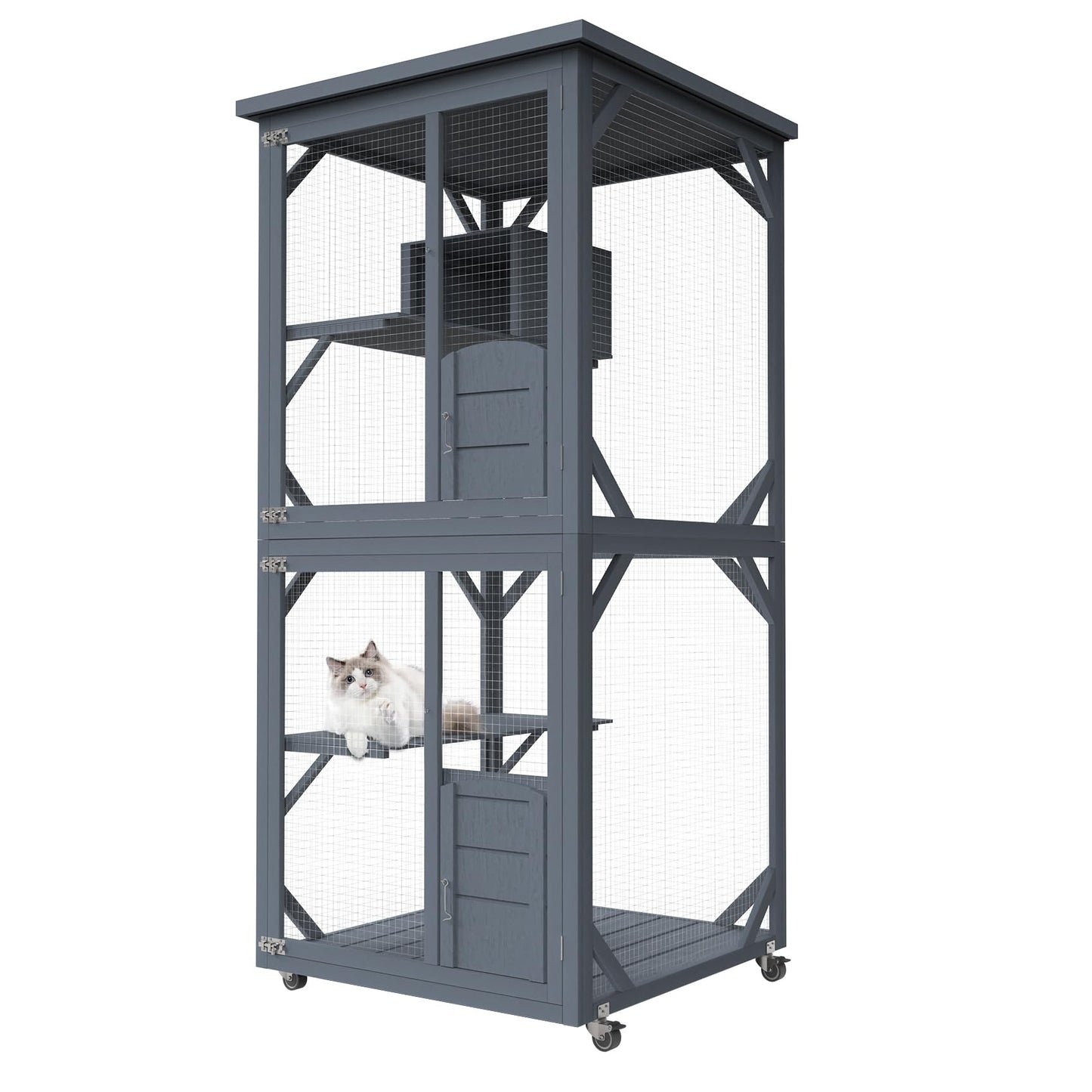 PETVILLE Catio Outdoor Cat House, Wooden Large Enclosure with Run on Wheels, 64" Outdoor/Indoor Cat Catio for Multiple Cats W/Waterproof Roof, Platforms, Resting Box, Cat Scratching Post - WoodArtSupply