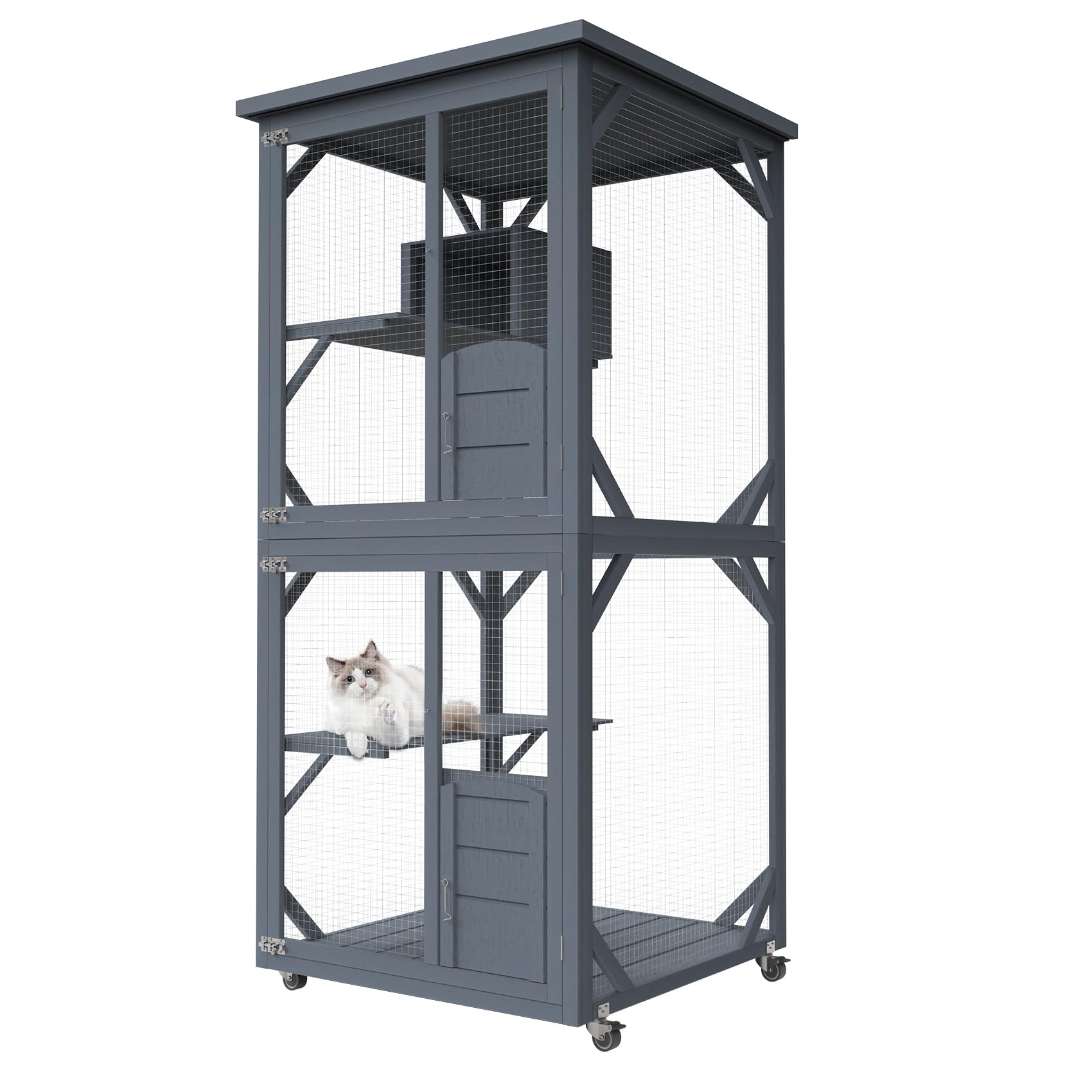 PETVILLE Catio Outdoor Cat House, Wooden Large Enclosure with Run on Wheels, 64" Outdoor/Indoor Cat Catio for Multiple Cats W/Waterproof Roof, Platforms, Resting Box, Cat Scratching Post - WoodArtSupply