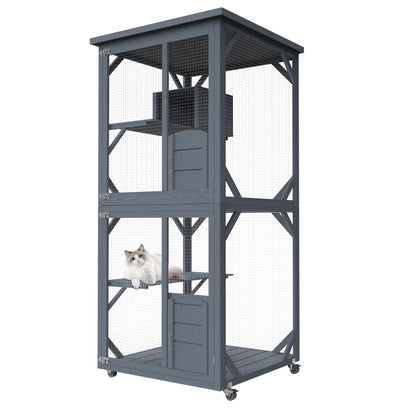 PETVILLE Catio Outdoor Cat House, Wooden Large Enclosure with Run on Wheels, 64" Outdoor/Indoor Cat Catio for Multiple Cats with Waterproof Roof, Platforms, Resting Box, Cat Scratching Post - WoodArtSupply