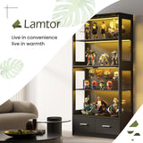 Lamtor Display Cabinet with Glass Doors - 67" Curio Cabinet for Collectibles with RGB LED Lights and 2 Drawers, 4 Tier Glass Display Case for Living Room, Office, Black Lamtor