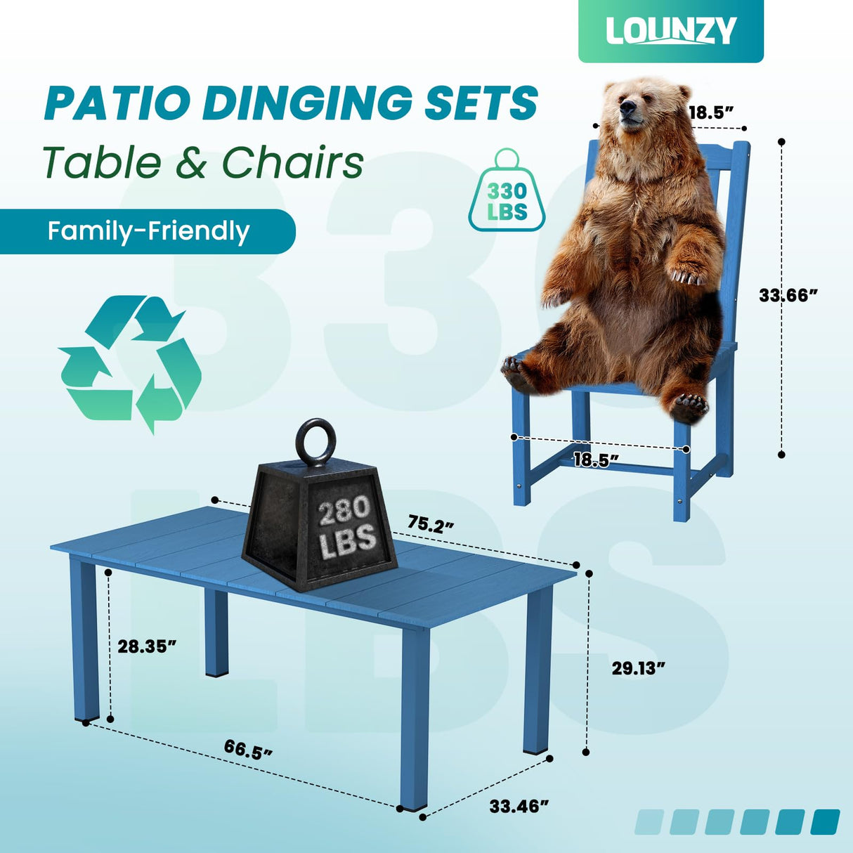 LOUNZY 9 Pieces Patio Dining Sets, Outdoor HDPE Furniture Set for 8 w/ 2" Hole Cut-Out Dining Table with 8 Patio Chairs(2 W/Armrest, 6 w/o Armrest), Navy LOUNZY