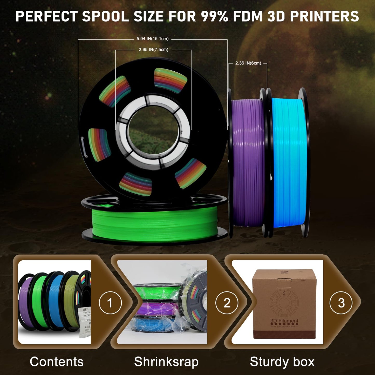 YOUSU 3D Printer Filament Bundle, Glow in The Dark Filament Multicolor, Green, Blue, Purple and Rainbow, PLA Filament 1.75 mm, Dimensional Accuracy +/- 0.03 mm, 250g X 4 Pack - WoodArtSupply