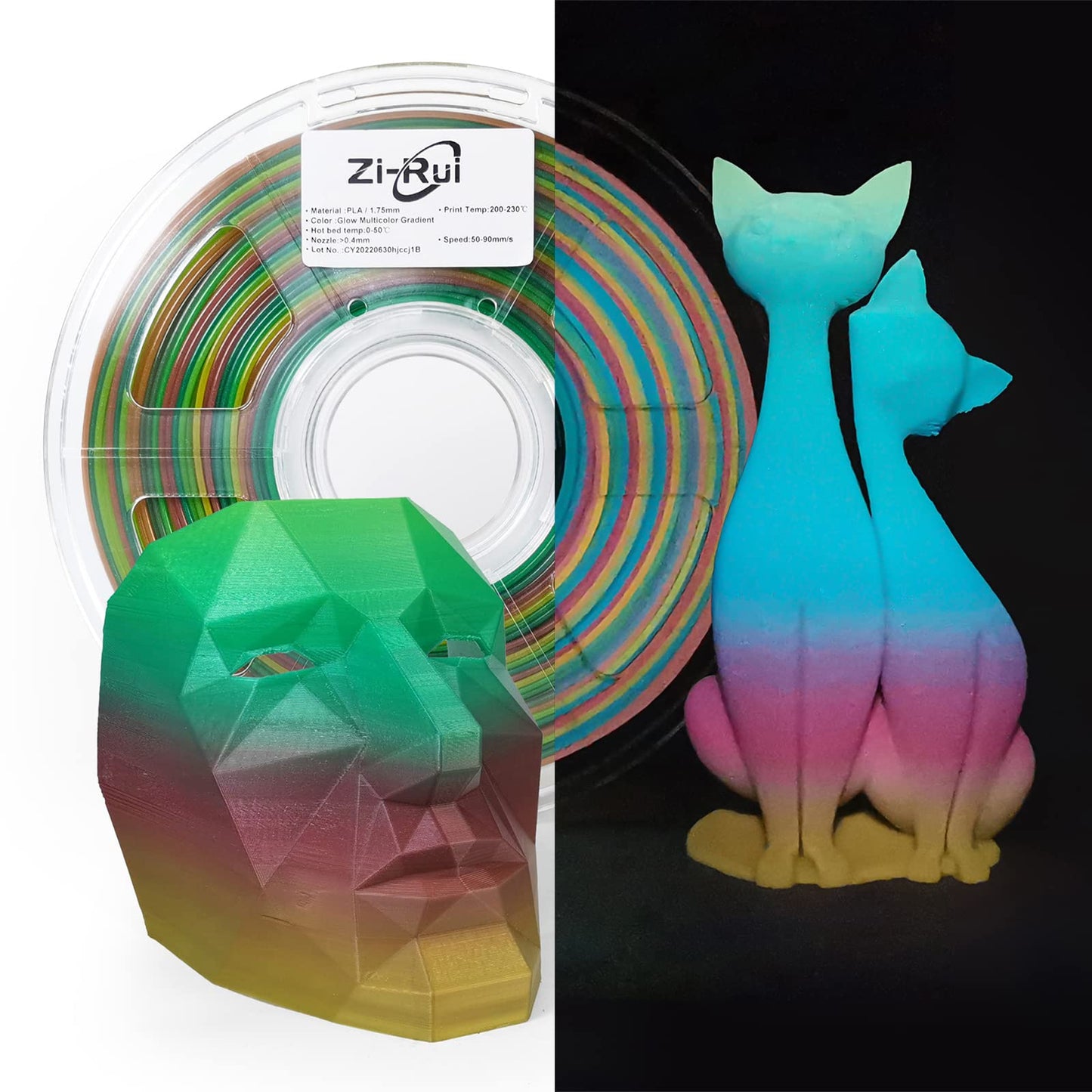 Zi-Rui 3D Printer PLA Filament, Glow in The Dark Multicolor Change, Rainbow Multicolor Gradient, 1.75mm 1KG/2.2lbs - WoodArtSupply