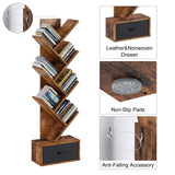 Rolanstar 7 Tier Bookshelf with Drawer, Tree Bookshelf, Small Bookshelves with Storage Rack for CDs/Movies/Books, Standing Book Shelf, Tall Narrow Bookcase for Living Room, Bedroom, Rustic Brown Rolanstar