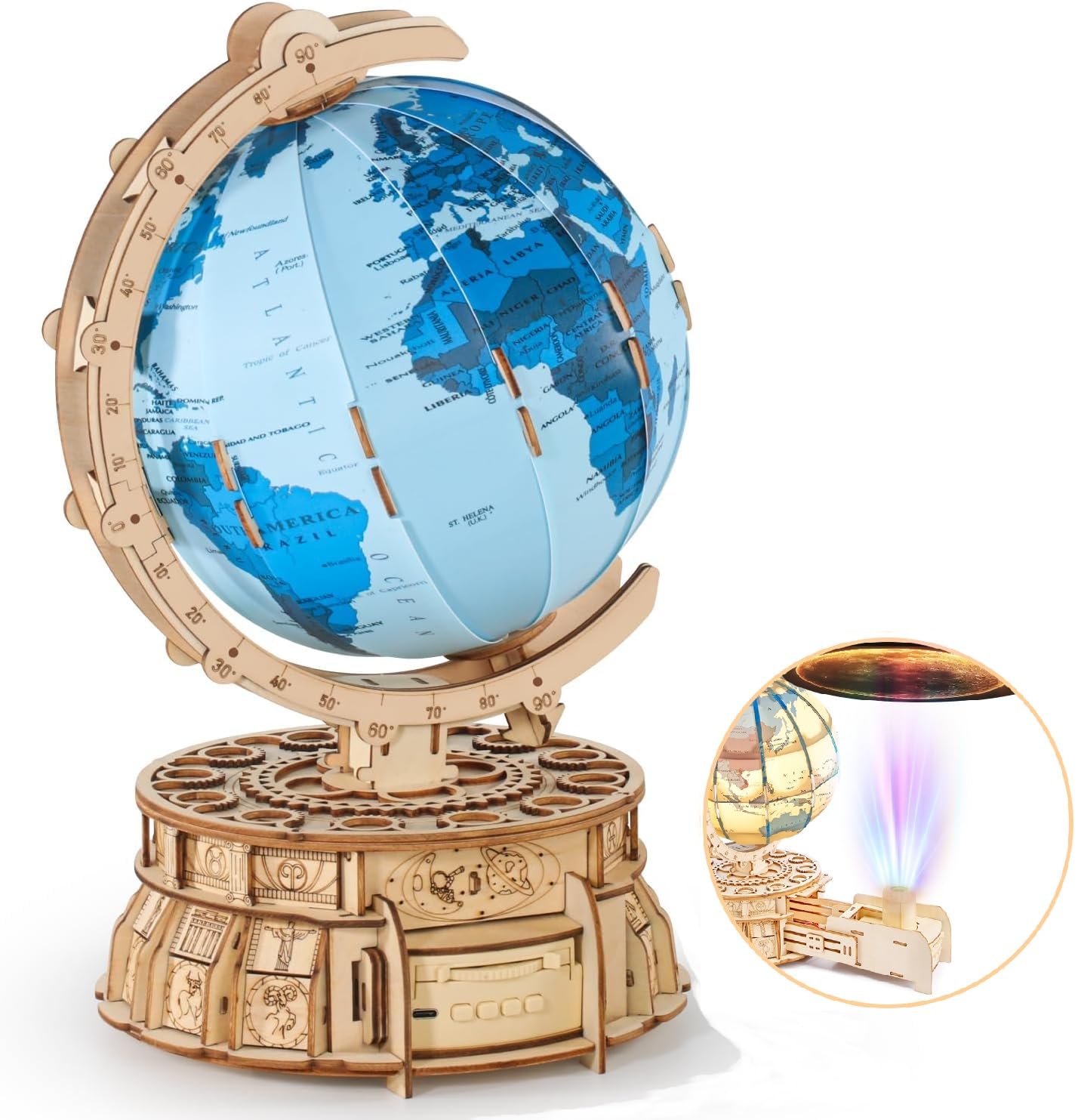 RMOKA 3D Wooden Puzzles for Adults Illuminated Globe with Stand 188pcs 3D Puzzles Model Kit Built-in LED Music Box Stem Toys Gifts for Adults/Teens - WoodArtSupply