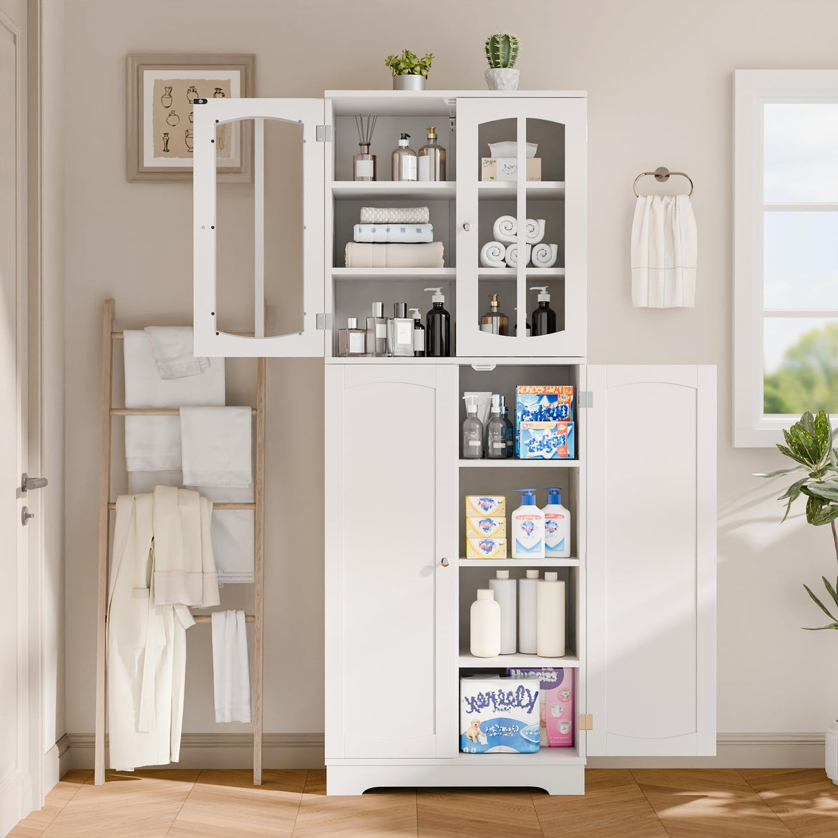 TOLEAD 64" Pantry Cabinet, Tall Storage Cabinet With Glass Doors & Adjustable Shelves for Kitchen, Living Room, Dining Room, White TOLEAD