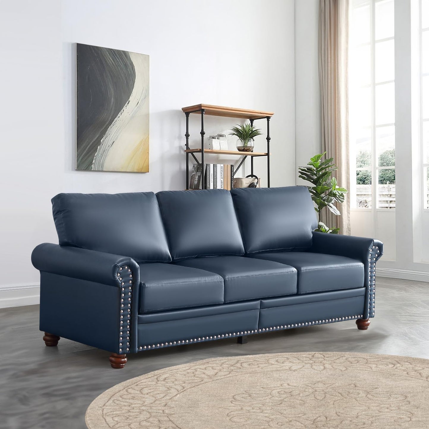 JEEOHEY Faux Leather Sofa Couch,82" Mid Century Modern Couch with Storage Place,Oversized 3 Seater Sofa with Nailhead Trim&Rolled Arm,Deep Seat Comfy Couch for Living Room,Apartment,Office(Navy Blue)