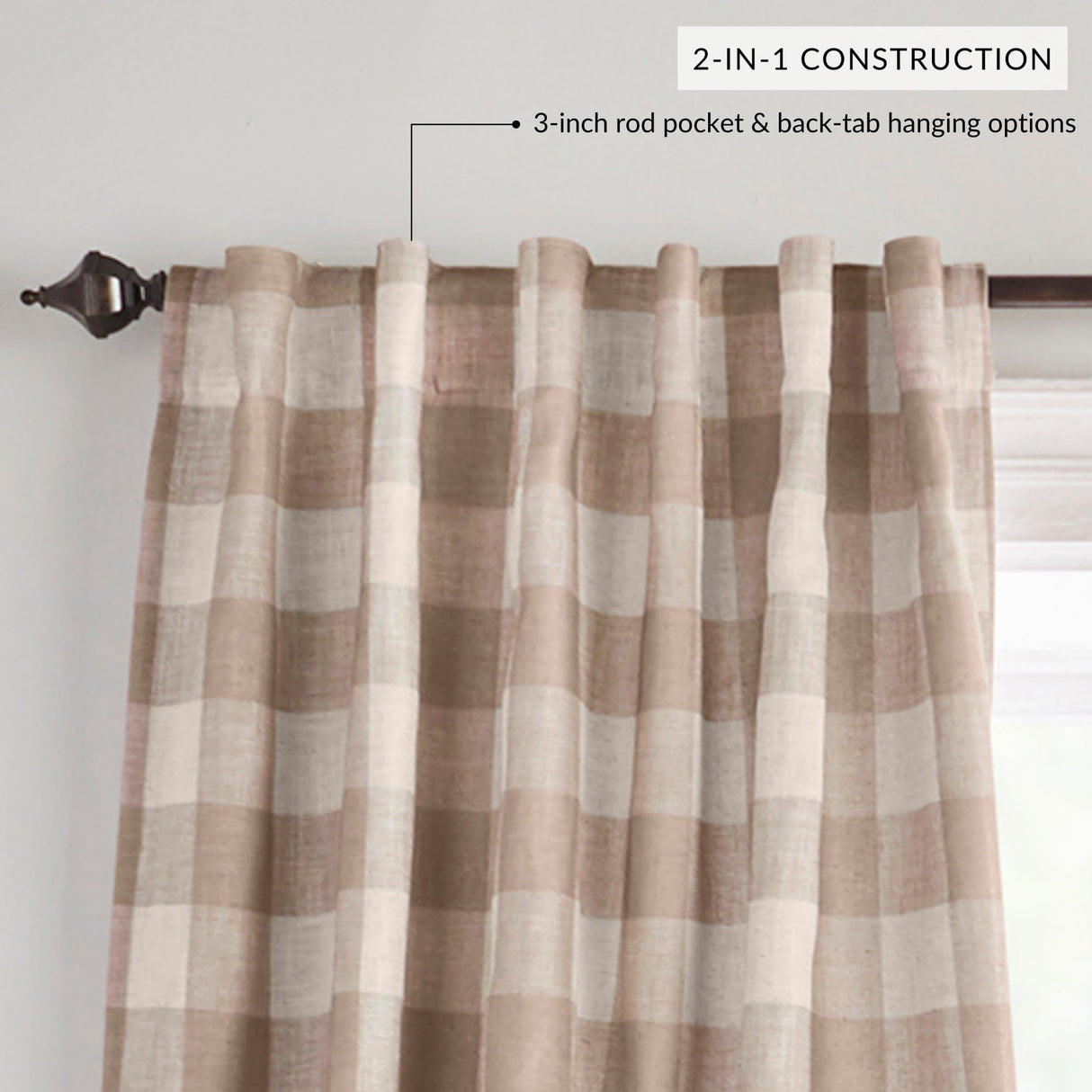 Elrene Home Fashions Farmhouse Living Grainger Buffalo-Check Blackout Window Curtain, Living Room and Bedroom Drape with Rod Pocket Tabs, 52" x 95", Linen, 1 Panel Elrene