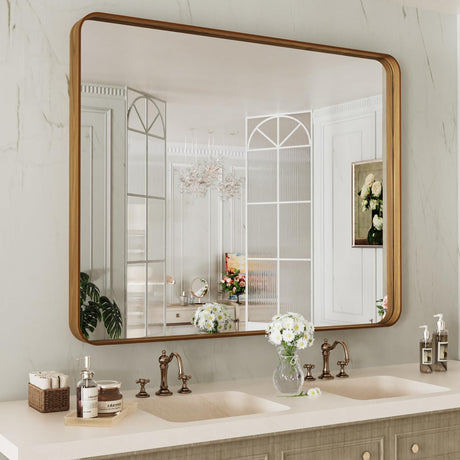 LOAAO 40X30 Inch Bathroom Mirror with Wood Grain Colored Metal Frame, Rounded Rectangle Metal Framed Bathroom Mirror, Anti-Rust, Hangs Horizontally or Vertically, Tempered Glass LOAAO