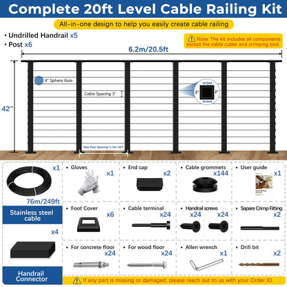 Zylorix 16ft-20ft Complete Set Cable Railing System, 42" Black T304 Stainless Steel Cable Railing Posts Kit with Adjustable Handrail Cable Rail, One-Stop Super Easy DIY for Outdoor Level Decks