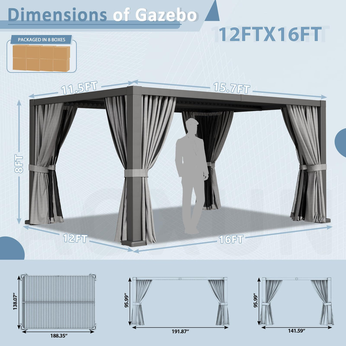 Aoxun Louvered Pergola 12' x 16' Outdoor Aluminum Pergola Adjustable Roof, with Waterproof Curtains and Nets, for Decks, Gardens, Gray Aoxun