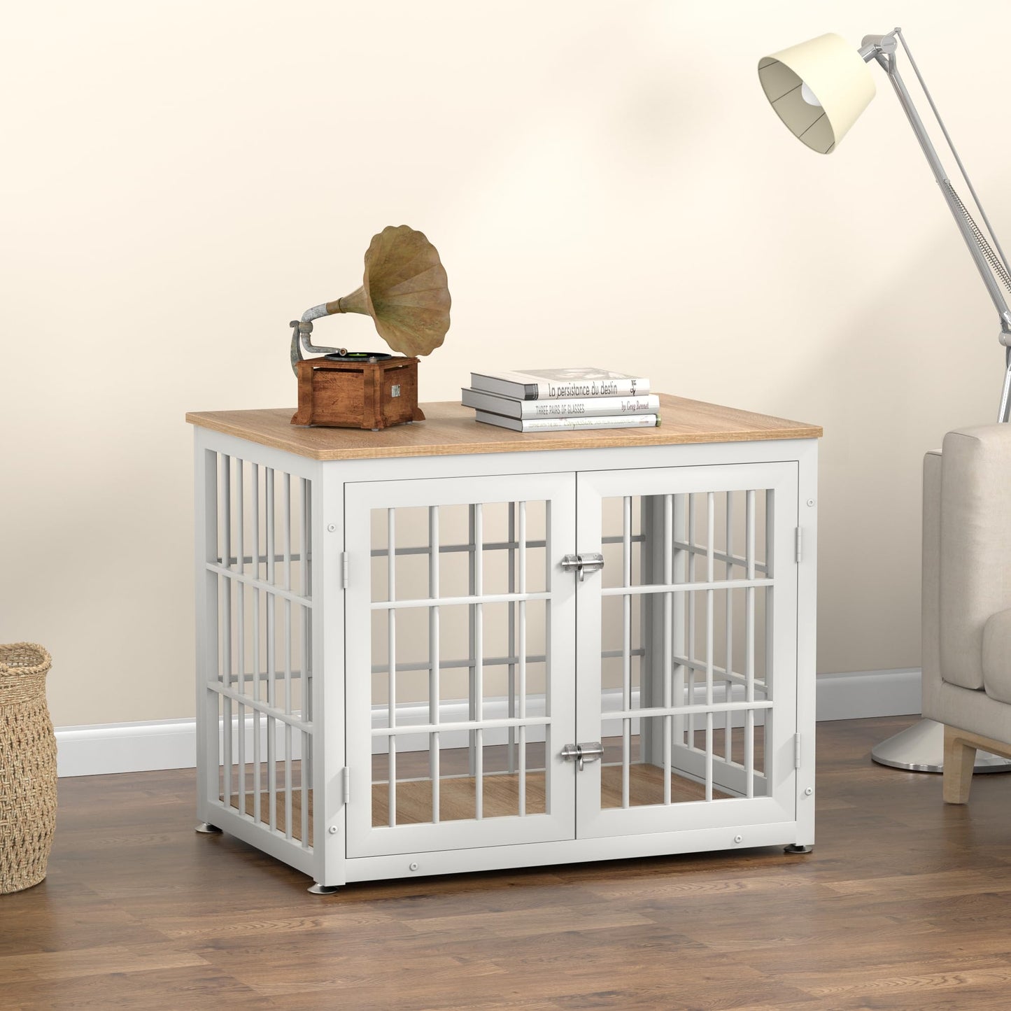 rehomerance Heavy Duty Dog Crate Furniture for Medium and Small Dogs, Decorative Pet House End Table, Wooden Cage Kennel Furniture Indoor, White and Natural - WoodArtSupply