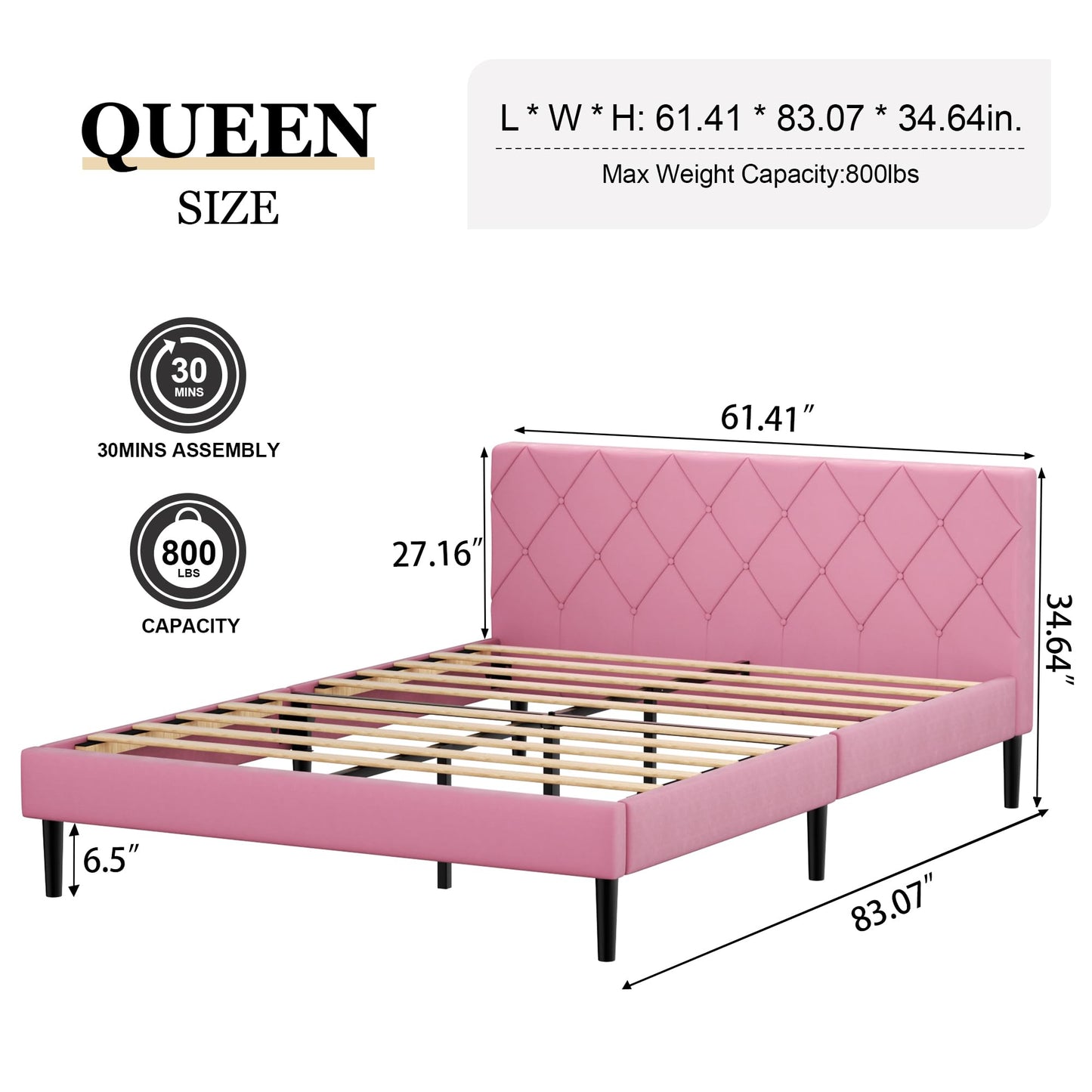 ZIEUNS Queen Size Bed Frame, Upholstered Platform Bed Frame with Button Tufted Velvet Headboard, Mattress Foundation, Wooden Slats Support, No Box Spring Needed, Super Easy Assembly, Pink