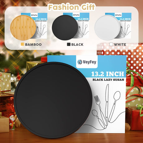 Lazy Susan Organizer, 13.2 Inch Non-Skid Bamboo Lazy Susan for Kitchen Table cabinets Closets and Kitchen Islands, Wood Turntable for Kitchen Countertop Organizer Black VeyFey
