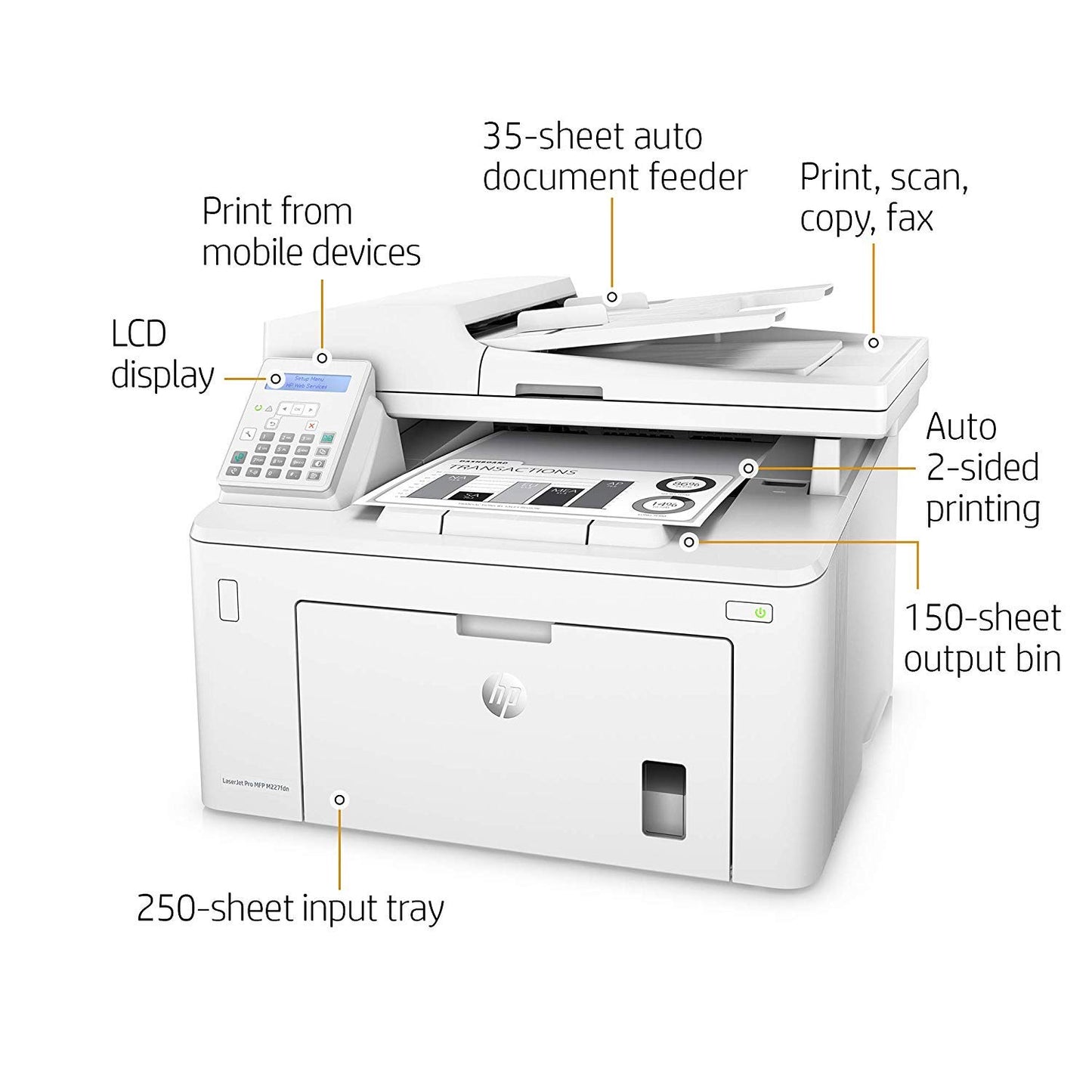 HP LaserJet Pro MFP M227fdn Monochrome All-in-One Printer with built-in Ethernet & 2-sided printing, (G3Q79A)