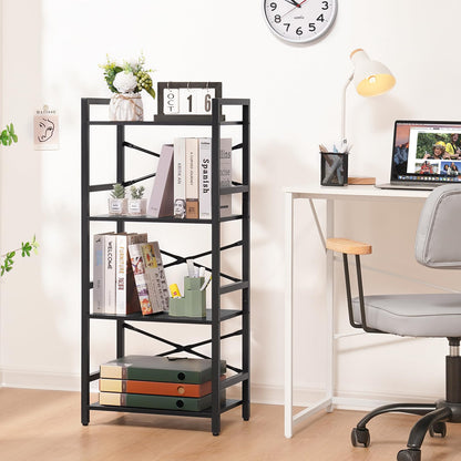 Yoobure 4 Tier Bookshelf - Small Book Shelf Industrial Bookcase, Narrow Book Case Book Storage Organizer for CD/Movie/Book, Bookshelves for Bedroom Office Living Room Black