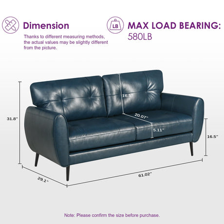 Sofa Couch 61" Small Loveseat Couches for Living Room Blue Leather Couch Mid Century Modern Tufted Mini Sofa Comfy Office 2 Seat Settee Love Seat Small Couches for Small Spaces Bedroom (1, Teal Blue) TYBOATLE