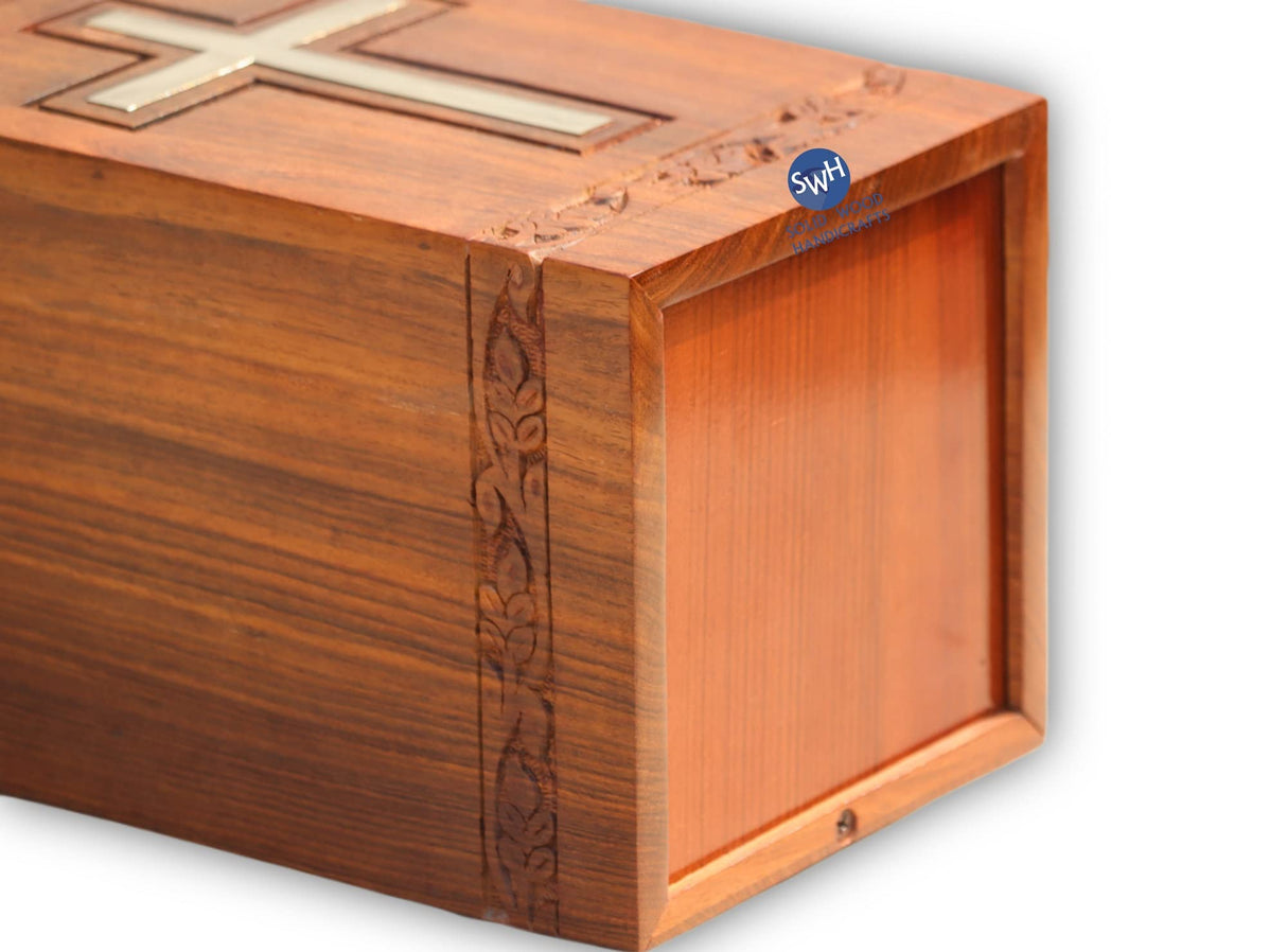 Handcrafted Wooden Urns for Ashes | Cross Engraved Rosewood Urn for Human Ashes | Funeral Pet Urns for Dogs Ashes Large 200 Cubic Inches with Bottom WoodArtSupply