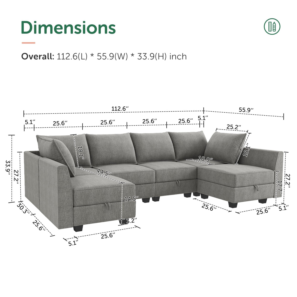 HONBAY Modular Sectional Sofa U Shaped Sectional Modular Sofa with Storage Convertible Modular Sectional Couch for Living Room, Grey HONBAY