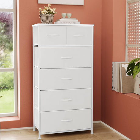 Crestlive Products Tall Dresser for Bedroom Vertical Skinny Dresser - Sturdy Steel Frame, Wood Top, Easy Pull Fabric Bins- Organizer Unit for Bedroom, Entryway, Closets - 6 Drawers (White) Crestlive Products