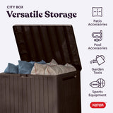 Keter City 30 Gallon Resin Outdoor Storage Box and Patio Furniture Side Table for Pool and Garden Accessories, Brown Keter