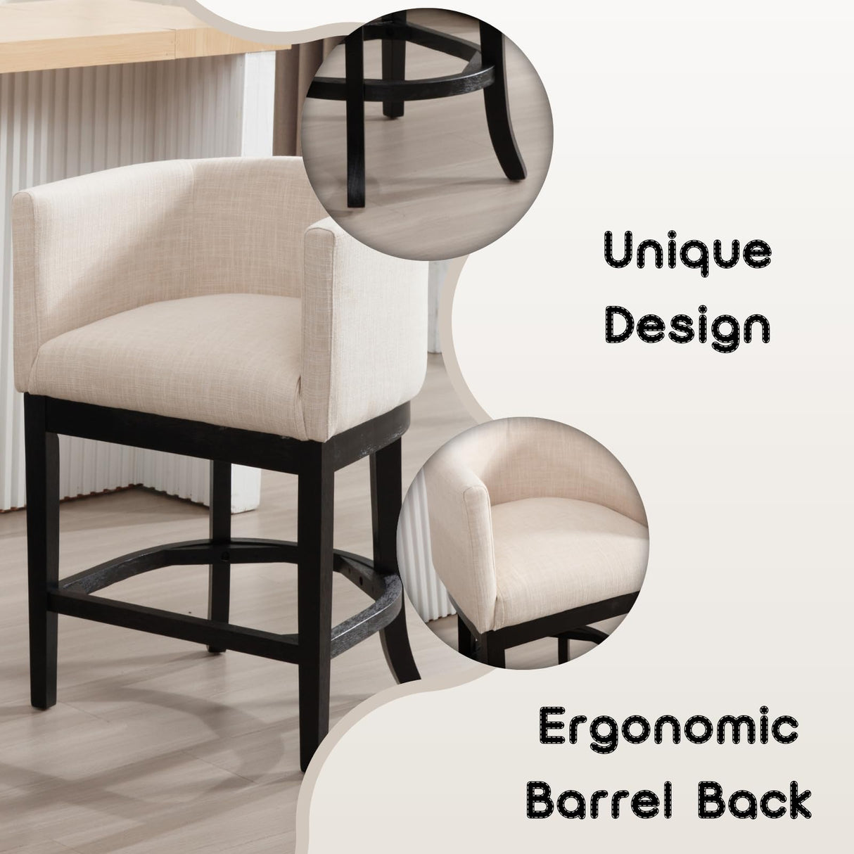 RIVOVA Farmhouse Bar Stools Set of 2-26" Counter Height Linen Upholstered Barstools with Barrel Back & Footrest, Sturdy Black Wood Frame Kitchen Island Stools for Indoor/Outdoor/Club, Beige RIVOVA