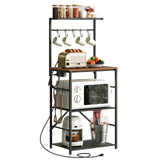 HOOBRO Kitchen Bakers Rack with Power Outlet, 4 Tiers Microwave Oven Stand with Storage, Coffee Bar Table with 9 S-shaped Hooks, Kitchen Storage Shelf Rack, Rustic Brown and Black BF58UHB01 HOOBRO