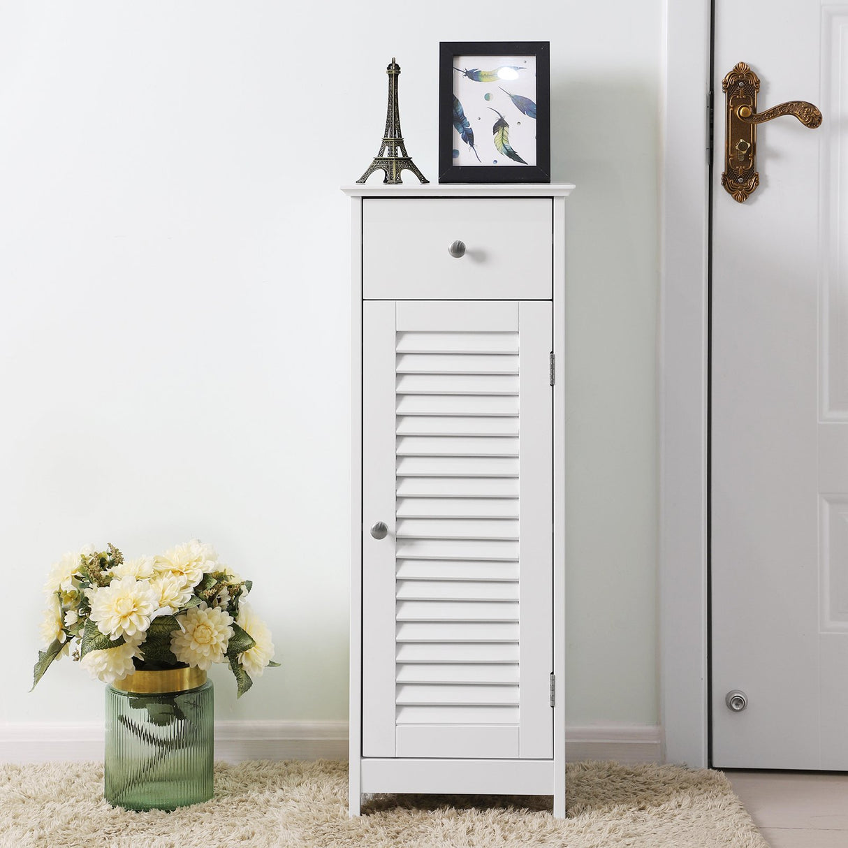 VASAGLE Bathroom Floor Cabinet Storage Organizer Set, with Drawer and Single Shutter Door Wooden, White UBBC43WT VASAGLE