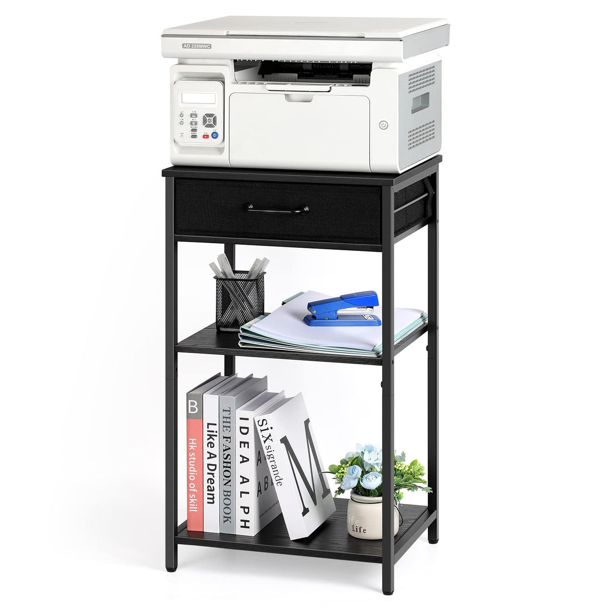 Printer Stand with Storage 3 Tier Home Printer Table with Drawers Multifunctional Under Desk Printer Shelf Holder Industrial End Table Nightstand for Fax Machine Scanner Files Brown BTY