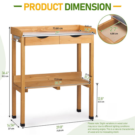 36.4" H Outdoor Potting Bench with Storage, Wooden Workstation Garden Potting Table with Metal Tabletop, 2 Drawers, Shelf and 3 Hooks, All-Weather Work Station for Garden, Patio & Lawns (Wood Color) BIVVI