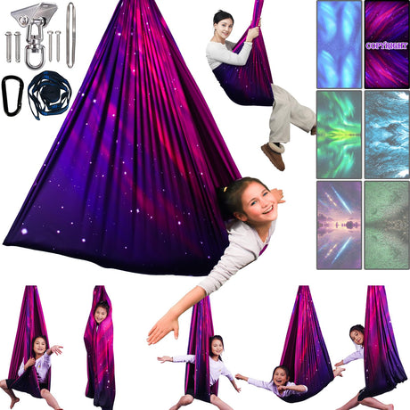 Sensory Swing for Kids & Adults Holds up to 300lbs Indoor & Outdoor Double Layer Therapy Cuddle Swing with 360° Swivel Hanger Kit for Calming, Effect for Autism, ADHD or SPD. (Galaxy Purple) Yatoco