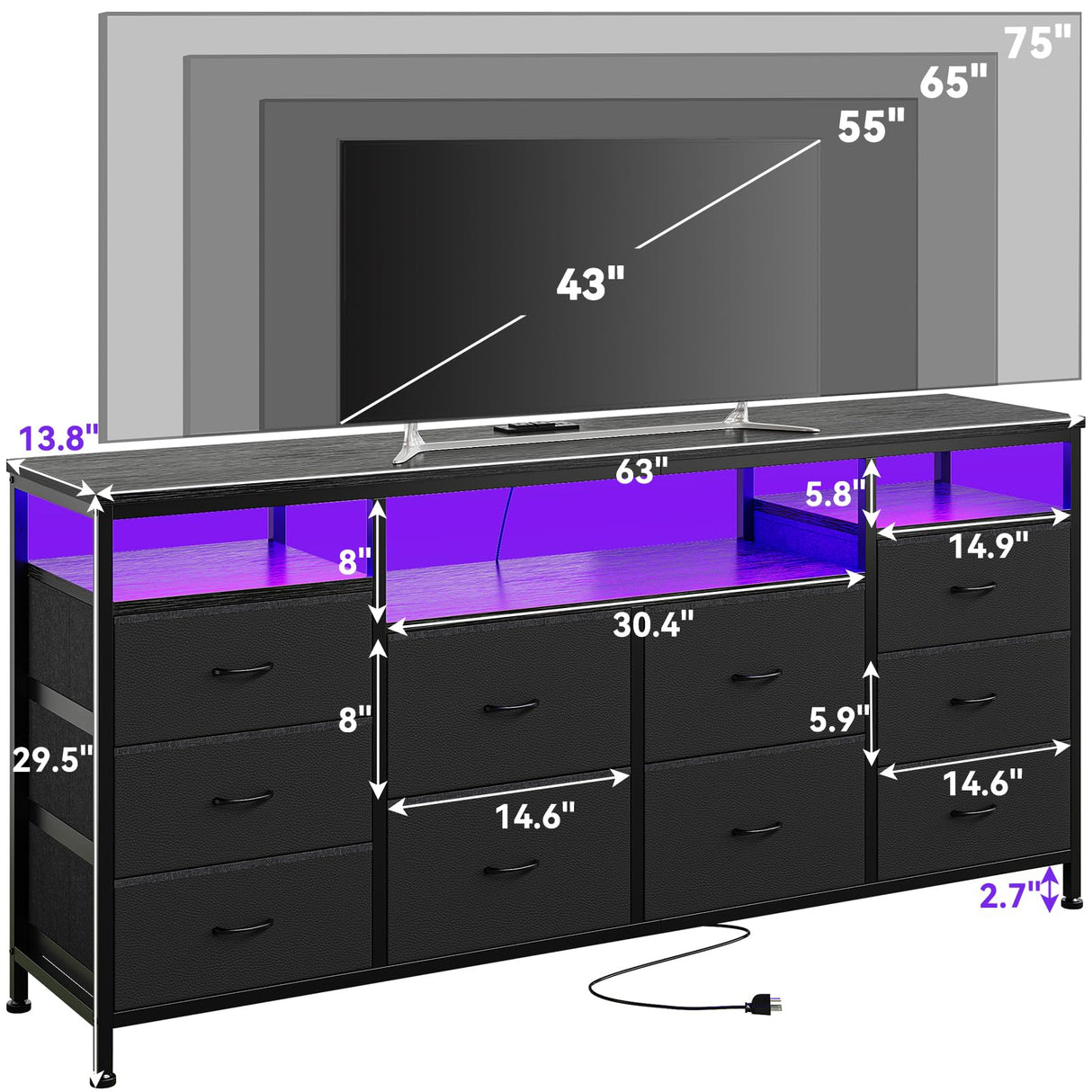 63.3 Inch Black Dresser for Bedroom, 10 Drawer Dresser TV Stand for 65 70 75 Inch TV, Fabric Chest of Drawers with LED Lights & Power Outlets, Long Entertainment Center for Closet, Living Room, Entryw GarveeHome
