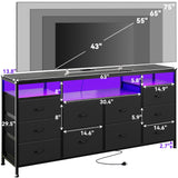 63.3 Inch Black Dresser for Bedroom, 10 Drawer Dresser TV Stand for 65 70 75 Inch TV, Fabric Chest of Drawers with LED Lights & Power Outlets, Long Entertainment Center for Closet, Living Room, Entryw GarveeHome