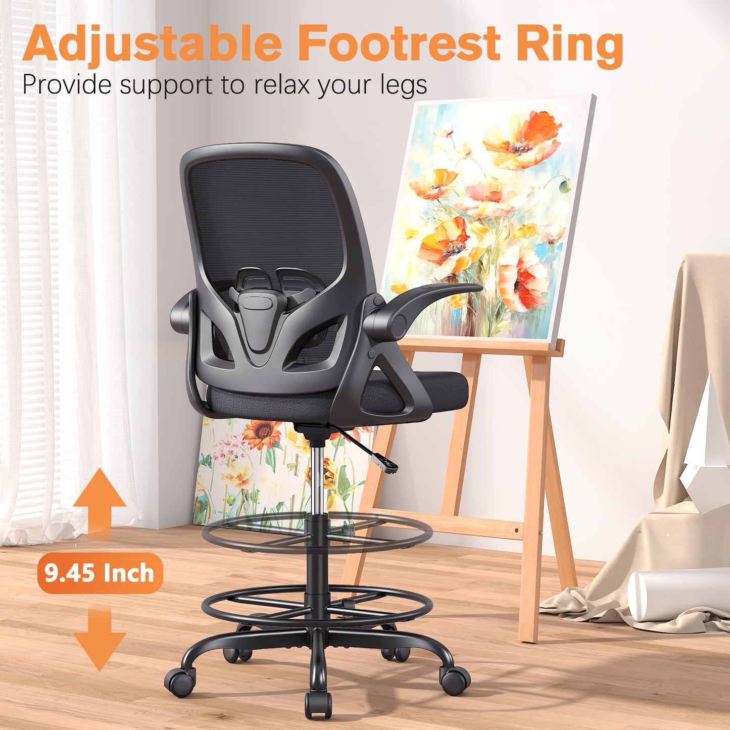 ORRSAKER Tall Drafting Chair with Lumbar Support and Footrest Ring, Supportive Tall Extended Height Ergonomic Desk Chair for Home Work, Breathable Tall Mesh Office Chair with Flip up Arms(Black)