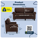 Serta Copenhagen Rolled Arm Sofa, Easy Care Polyester, Soft Pillow Back, Pocket Coil Seat Cushions, Removable Covers, Couch for Small Spaces, Living Rooms or Bedrooms, 61" Loveseat, Brown Serta