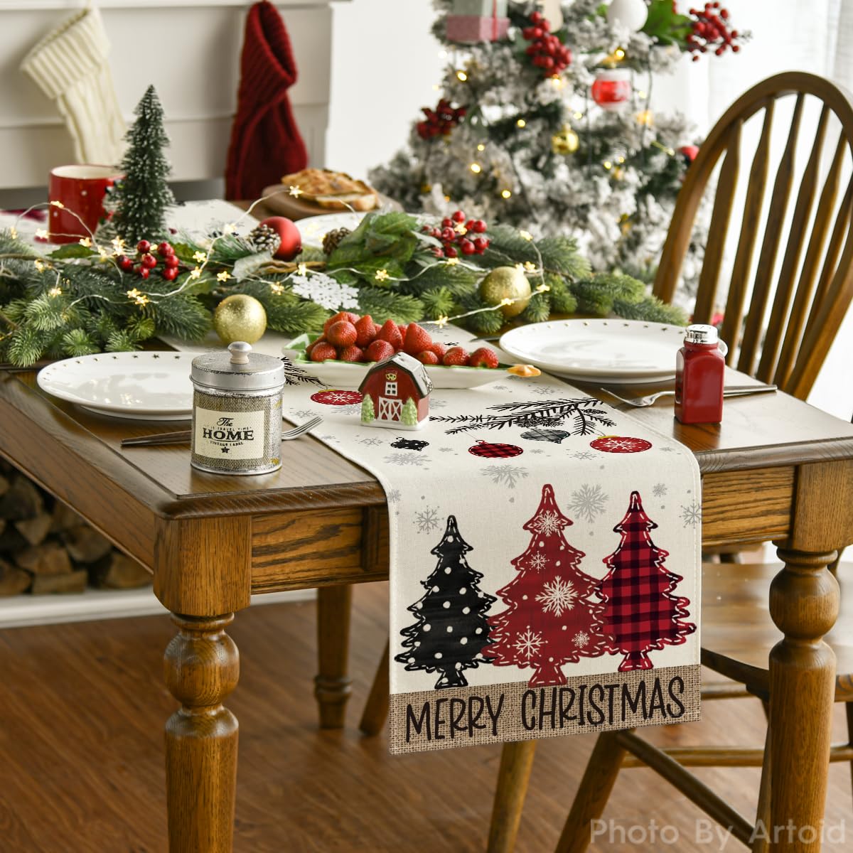 Artoid Mode Red Pine Trees Merry Christmas Table Runner, Winter Xmas Holiday Kitchen Dining Table Decoration for Home Party Decor 13x72 Inch Artoid Mode