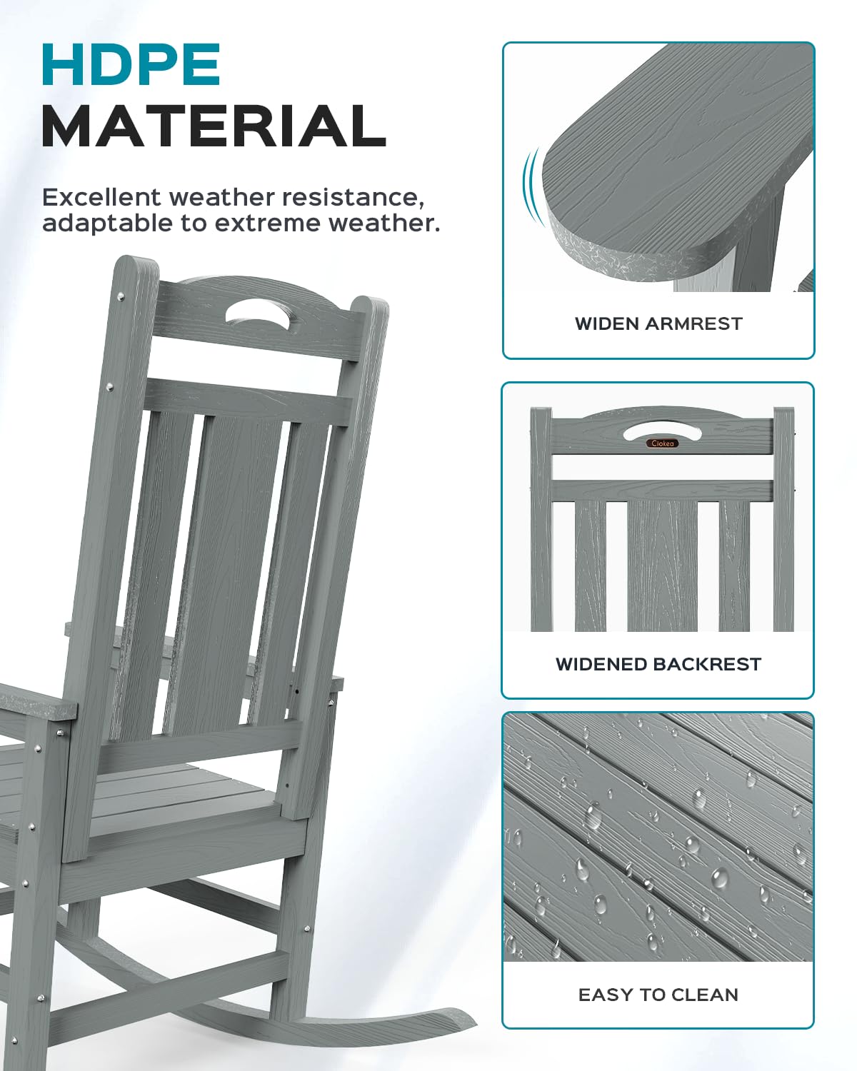 Oversized Rocking Chair Outdoor, HDPE Poly Rocking Chair, All Weather Porch Rocker for Deck Patio Balcony, 380lbs, Grey Ciokea