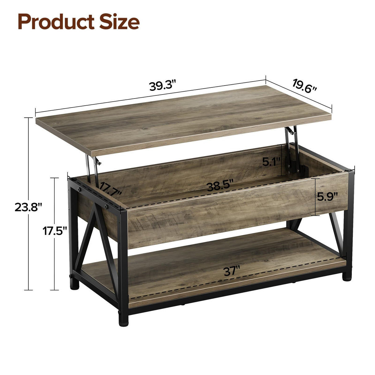 Memobarco Lift Top Coffee Table,Lift Coffee Tables with Storage Shelf and Large Hidden Compartment for Living Room,Lift Tabletop Dining Center Table for Small Space, Grey Memobarco