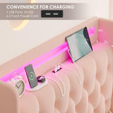 HIFIT Upholstered Twin LED Bed Frame with Charging Station Headboard & 4 Storage Drawers, Velvet Crystal Button-Tufted Princess Twin Size Platform Bed Frames for Kids/Girls, No Box Spring Needed, Pink HIFIT