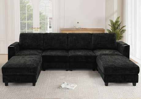 Lesofair 110" Chenille Sectional Sofa with Movable Ottomans, Modular U-Shape Couch with Cup Holders, Convertible 4 Seater Sofa with Well-Filled Backrest Cushions for Living Room, House, Black Lesofair