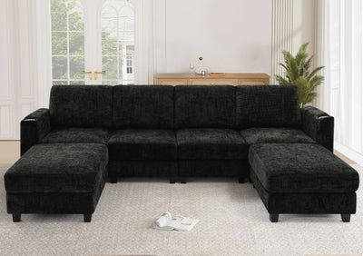 Lesofair 110" Chenille Sectional Sofa with Movable Ottomans, Modular U-Shape Couch with Cup Holders, Convertible 4 Seater Sofa with Well-Filled Backrest Cushions for Living Room, House, Black