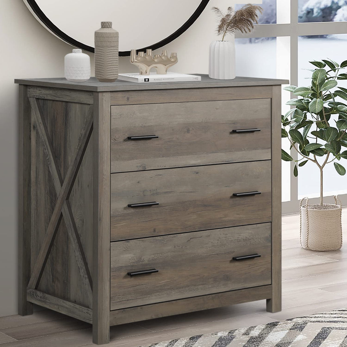 Vikiullf Wooden Chest of Drawer - 3 Drawer Dresser for Bedroom, Farmhouse Dresser, Storage Drawers for Bedroom, Nursery, Living Room, Hallway, Entryway Organizer, Grey Vikiullf