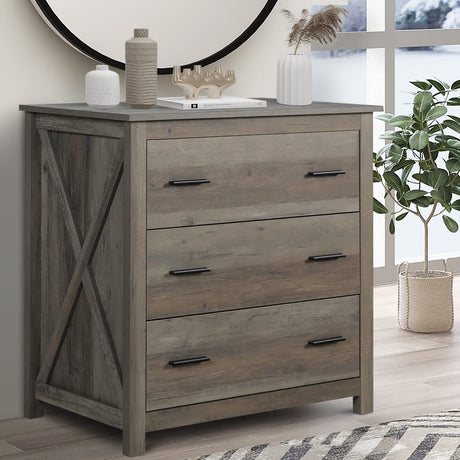 Vikiullf Wooden Chest of Drawer - 3 Drawer Dresser for Bedroom, Farmhouse Dresser, Storage Drawers for Bedroom, Nursery, Living Room, Hallway, Entryway Organizer, Grey Vikiullf