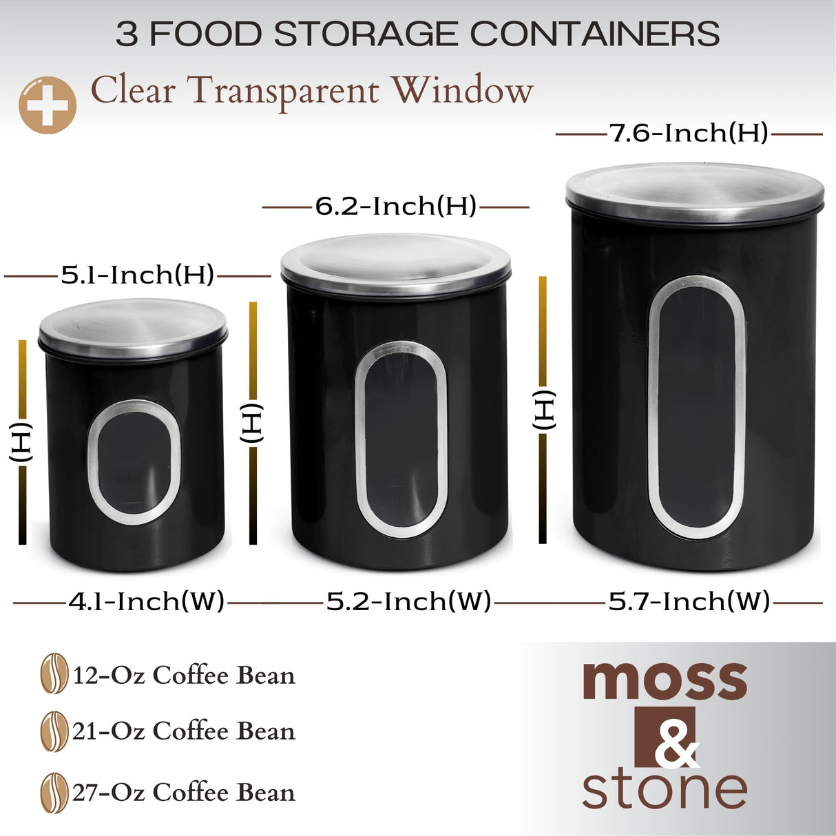 Moss & Stone 3 Piece Black Canisters Sets For The Kitchen, Airtight Canister Set With See Through Window, Airtight Coffee Container, Tea Organizer & Sugar Canisters, Black Kitchen Canisters Set of 3 Moss & Stone