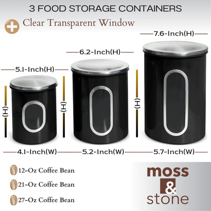 Moss & Stone 3 Piece Black Canisters Sets For The Kitchen, Airtight Canister Set With See Through Window, Airtight Coffee Container, Tea Organizer & Sugar Canisters, Black Kitchen Canisters Set of 3