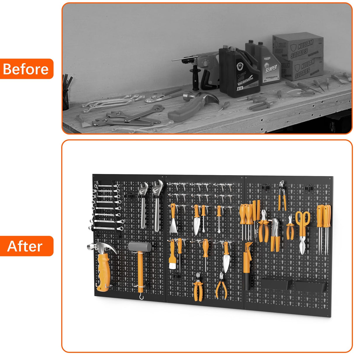 TORACK 3 PCS Metal Pegboard Panels for Garage Wall Utility Tools Storage Pegboard for Workbench, Modular Peg Board Tool Organizer Board Kit(Pack of 3, Black) TORACK