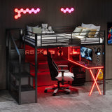 MERITLINE Full Gaming Loft Bed with Desk and Storage Wardrobe& LED RGB,Metal Gaming Bed with Stairs and Storage Case,for Adults Teens (Black) MERITLINE
