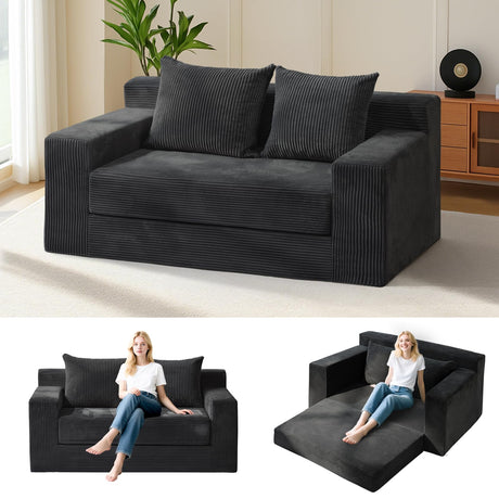 Convertible Sofa Bed, Boneless Couch Loveseat Sleeper, 2 in 1 Folding Couch Bed, Fold Out Comfy Floor Futon Sofa with Pillows for Living Room Bedroom, Black feliz home