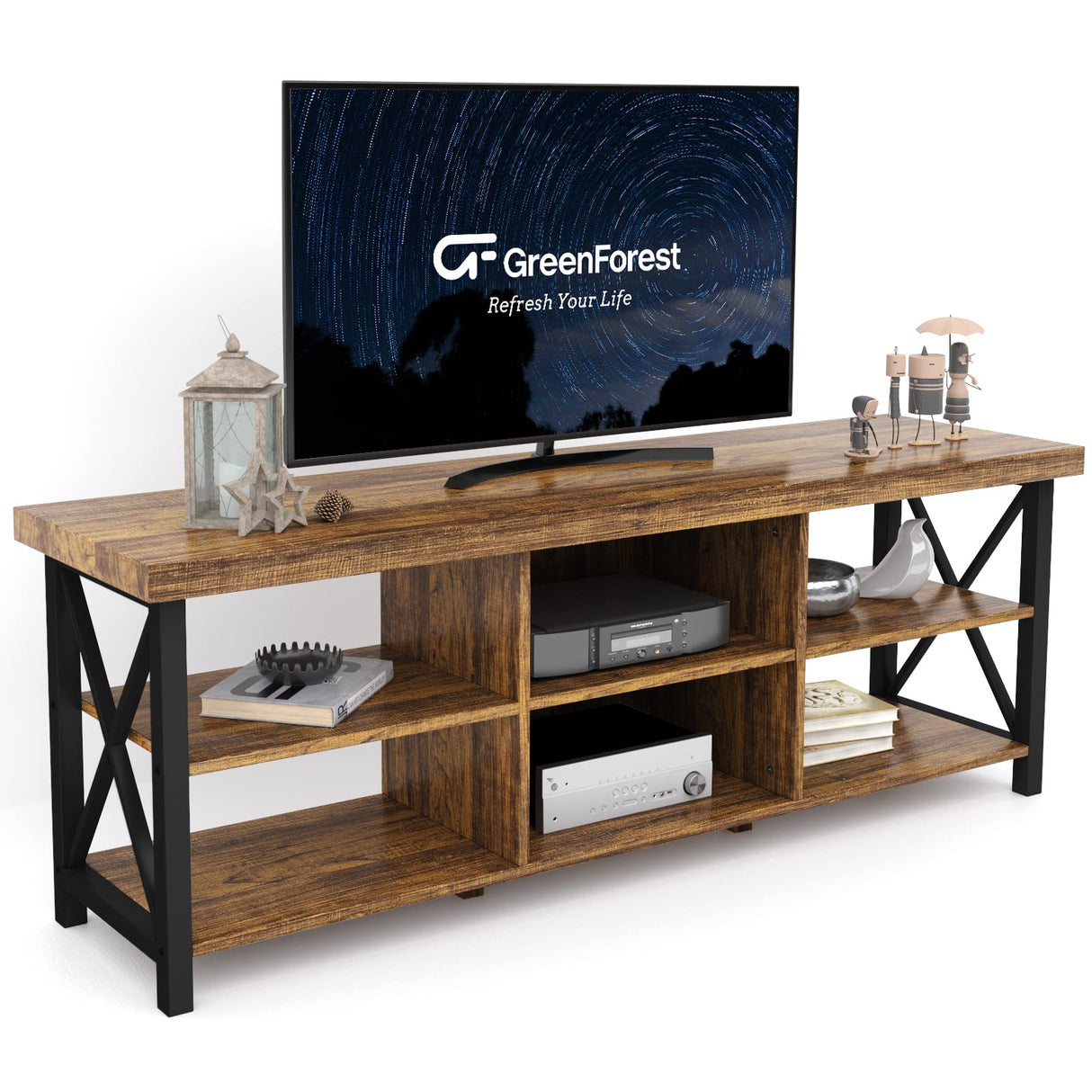 GreenForest TV Stand for TV up to 65 inches, Entertainment Center with 6 Storage Cabinet for Living Room, 55 inch Farmhouse Television Stands Console Table, TV stands for Living Room, Walnut GreenForest